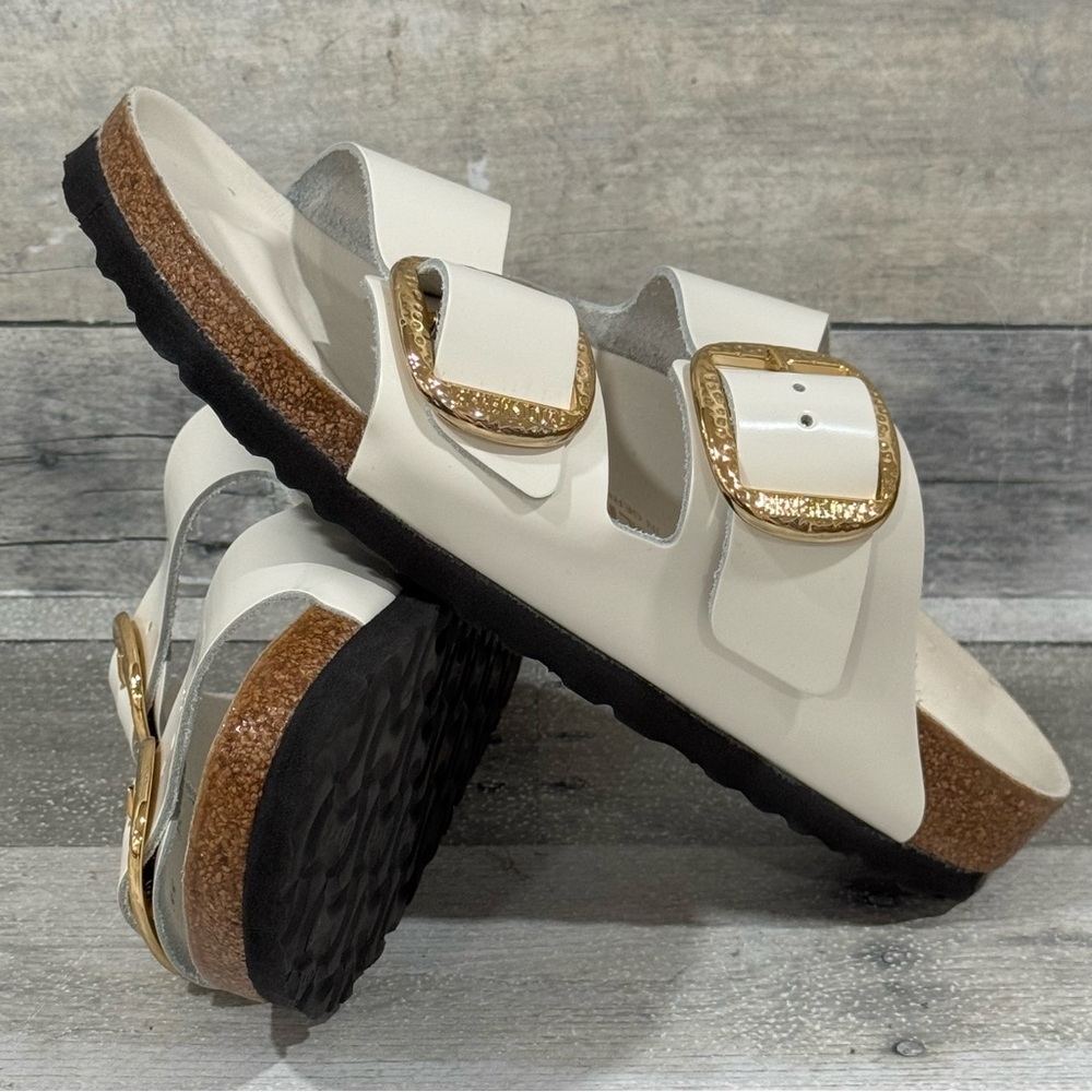 BIRKENSTOCK Arizona Hammered Big Buckle Slide Sandal - Antique White - Sz-7-7.5